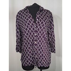 Chicos Sz 2 (US L/12) Purple 3/4 Sleeve Blouse Shirt Top Geometric Lattice Print